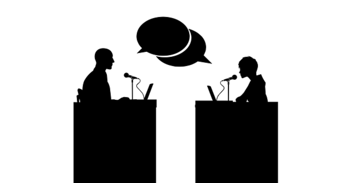 Graphic of two people having a debate