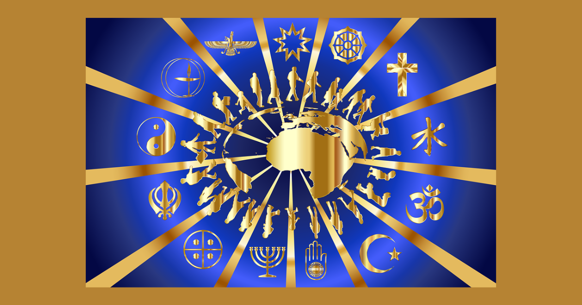 Different religious symbols alongside human symbols, representing the diversity of beliefs and experiences in the pursuit of personal transformation and spiritual growth.