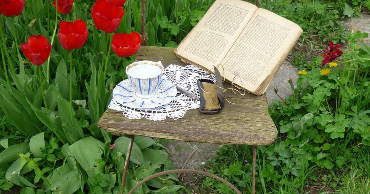 Image of a book and a cup of coffee on a weathered wooden table in a serene garden setting, symbolizing solitude as a vital element in overcoming breakup trauma.