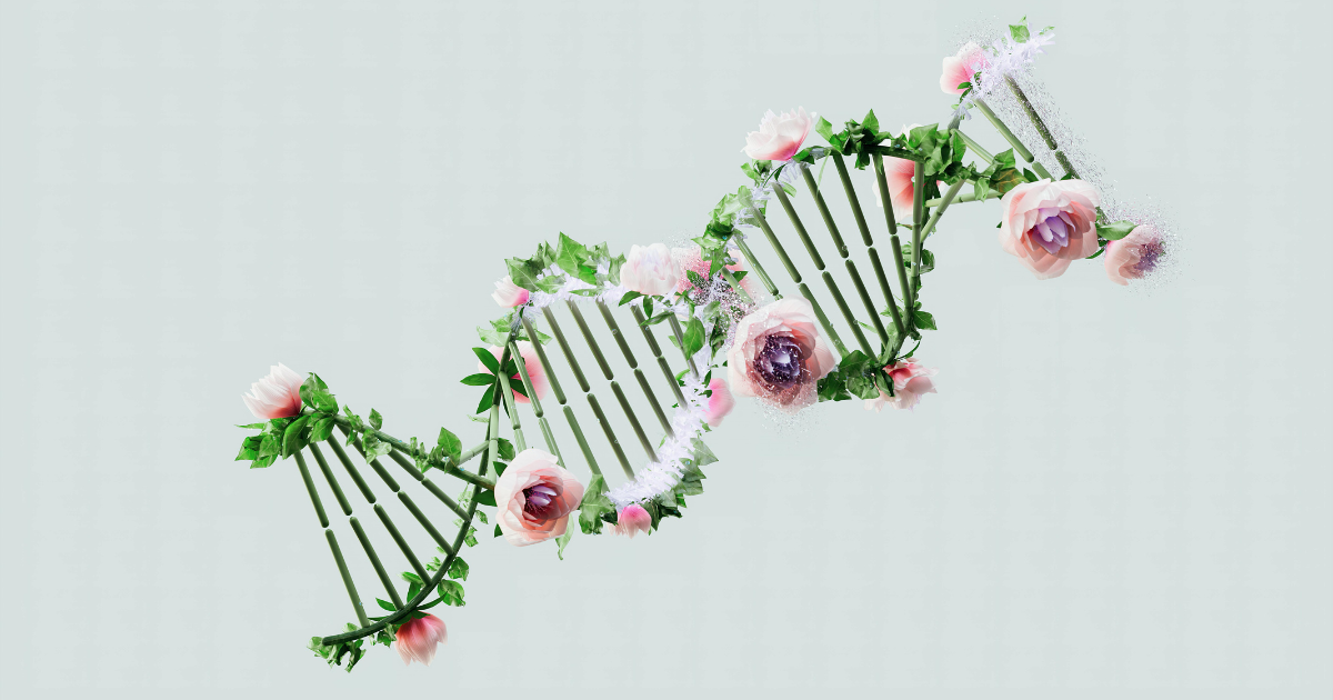 An artistic representation of a human DNA strand crafted from flowers and leaves, symbolizing humanity's inclination towards change (AI-generated image).