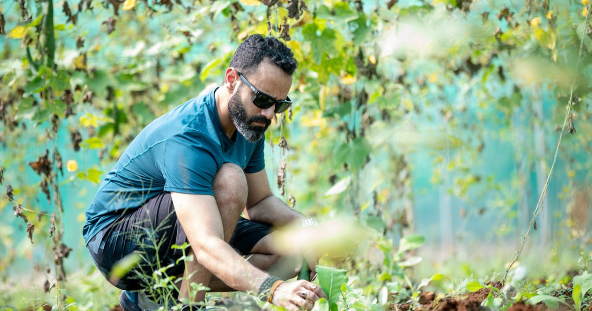 A man cultivating crops in a lush garden, embodying the essence of off-grid living through sustainable farming.