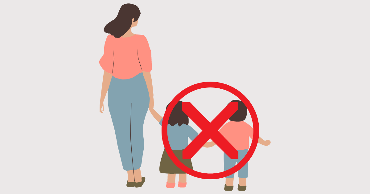 Image: A graphic of a mother with two children, with a block or no symbol over the two children, symbolizing antinatalism.